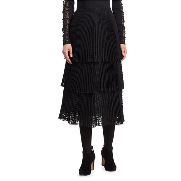 Akris Punto Dot Devore Midi Skirt Black Women’s Size 12 Pleated Tiered - Picture 1 of 13